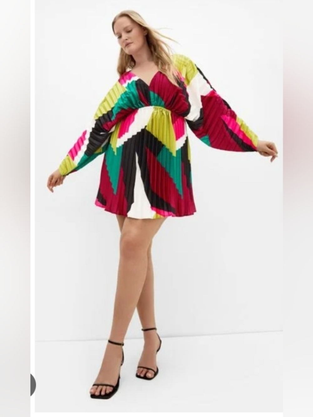 City Chic Multicolor Pleated Dress in Pink, Green & Burgundy
